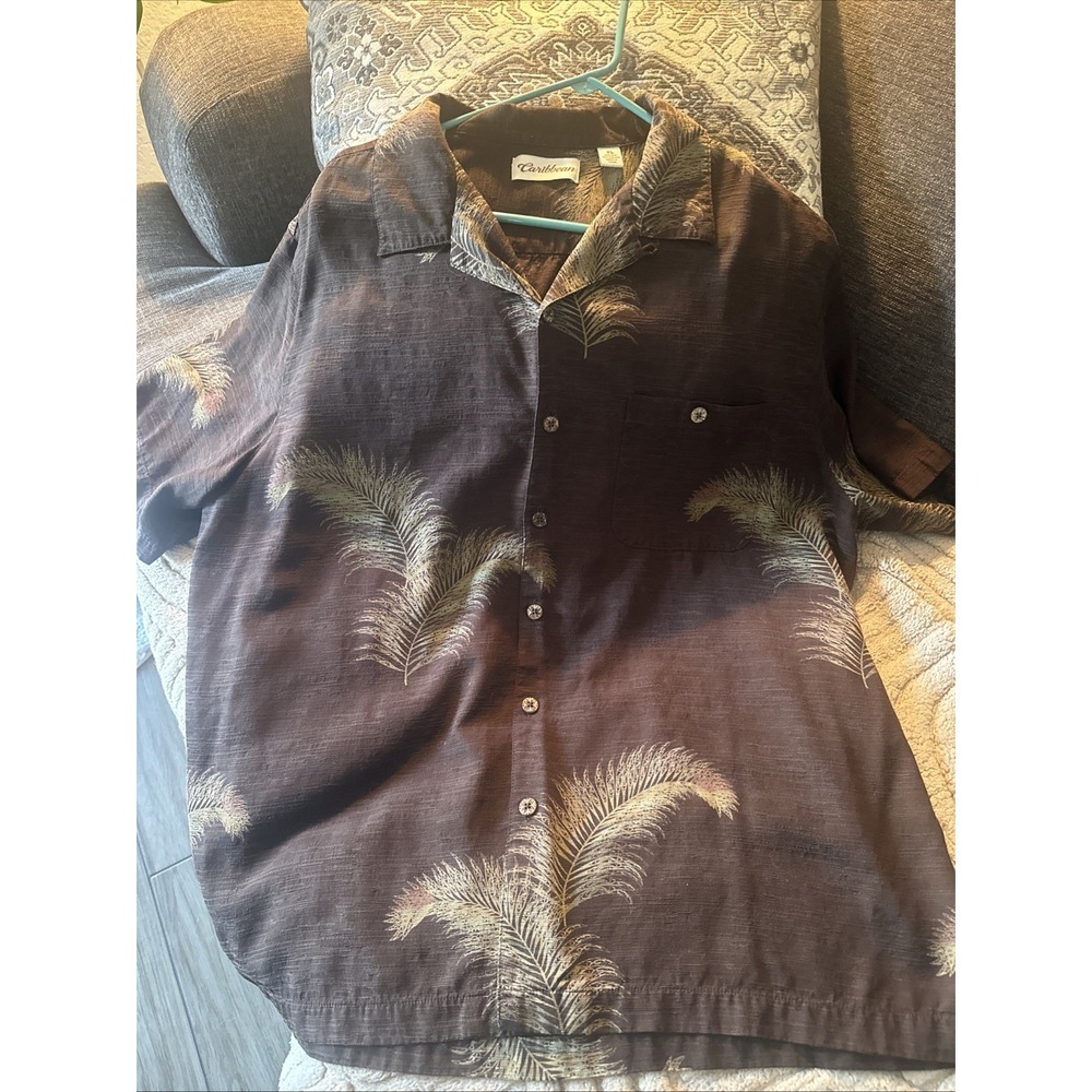Caribbean Shirt Mens XL Button Up Short Sleeve Silk Blend  Hawaiian Smooth Daddy